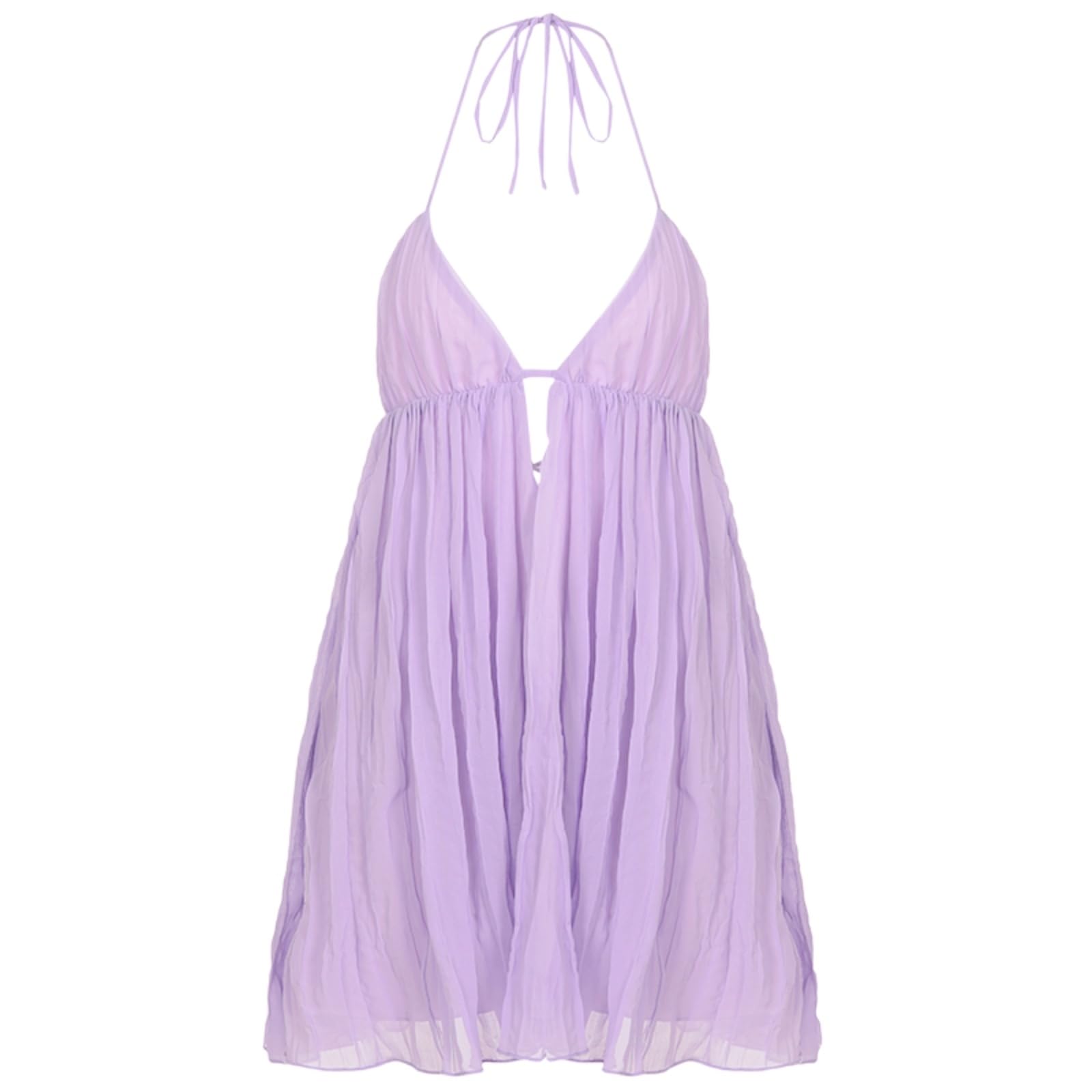 Vestito Donna Viola Chiffon Mini Abito Senza Maniche Profondo V Collo Una Linea Schienale Vacanze Estive da Festa-Purple-l