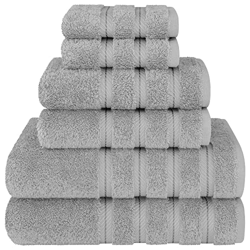 American Soft Linen Luxury 6 Piece Towel Set, 2 Bath Towels 2 Hand Towel 2 Washcloths, 600 GSM 100% Cotton Turkish Towels for Bathroom, Light Grey Towel Sets