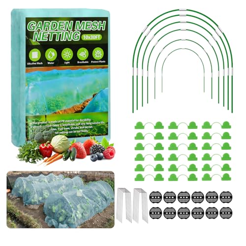 Garden Mesh Netting Kit 10x30FT Green Ultra Fine Netting & 6 Sets 8FT Fiberglass Garden Hoops with Stake Garden Netting with Frame for Raised Beds Garden Hoops and Netting Row Cover Plant Barrier