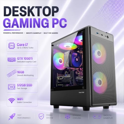 Image of Prebuilt Gaming PC Desktop, Intel Core I7 Desktop Computer up to 3.9 GHz | GTX 1050Ti 4G Graphics Card, 16GB RAM, 512GB SSD, WiFi, RGB Fan, Win11, Tower Computer for Game, Office and Study