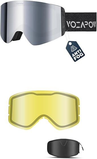 Ski Goggles Anti-Fog with HD Lens, UV Protection, Magnetic Lens, OTG Snowboard Snow Goggles for Men Women