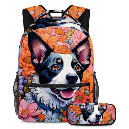 Sac à dos daypack et trousse chien coloré pour étudiants, ensemble de 2 sacs multicolores
