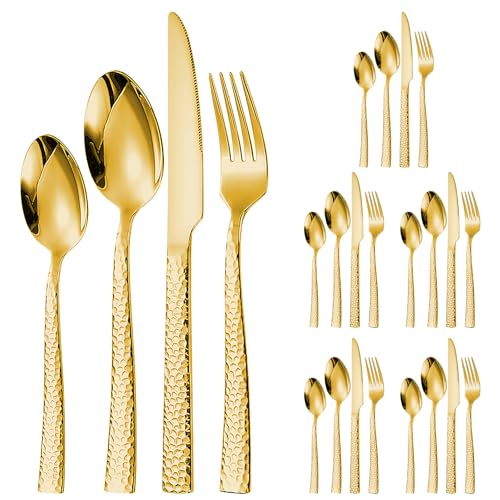 Lista de Cubertería los más recomendados. 48 Juego de Cubiertos Acero Inoxidable para 6 Personas, Incluye Cuchillos, Cucharas y Tenedores, Set de Cubiertos para Lonchera, Grado Alimenticio, 24 Piezas (Dorado)