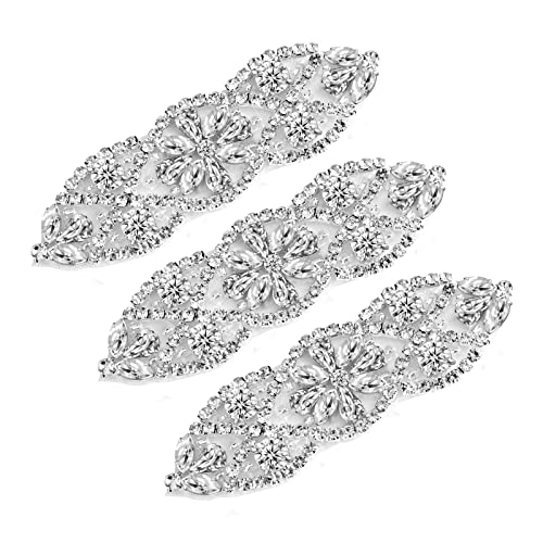 SAVITA 3 Stück Strass Applikationen, 9,5 x 3 cm Strass Aufnäher zum Aufbügeln, Bling Rhinestone Applique, Strassapplikationen Hochzeit für Braut Kleidung Gürtel Kleid (Silber)