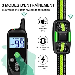 IHPUKIDI Collier de Dressage pour Chien avec Télécommande – 3 Modes (Bip, Vibration, Choc), Portée 1000m, Étanche IP67, Lampe LED, Rechargeable, Convient Petits Moyens Grands Chiens
