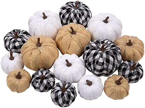 16 Pcs Artificial Pumpkins Assorted Fall Pumpkins White Pumpkins Burlap Pumpkins Rustic Pumpkins for Fall Harvest Thanksgiving Halloween Fireplace Decorations