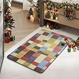 Picture of MontVoo -Bath Mat-Non Slip Thin Bathroom Rugs Fit Under Door- Quick Dry Absorbent Faux Suede Surface Grey Bathroom Floor Mats-Shower Rug for in Front of Bathtub Shower Retro Colors Plaid 17x27.5