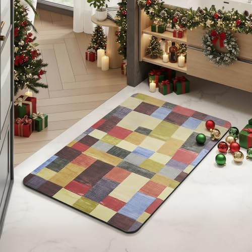 MontVoo -Bath Mat-Non Slip Thin Bathroom Rugs Fit Under Door- Quick Dry Absorbent Faux Suede Surface Grey Bathroom Floor Mats-Shower Rug for in Front of Bathtub Shower Retro Colors Plaid 16x