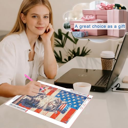 Image of 4th of July DIY 5D Diamond Painting Kits for Adults, American Flag Cat Diamond Art Kits for Adults, Full Round Drill Diamond Painting Independence Day Home Wall Decor 12x16 Inch