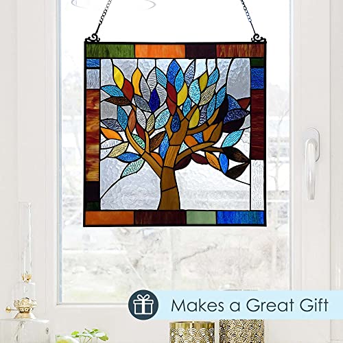 River Of Goods Tree 18 Inch High Stained Glass Suncatcher Window Panel, Brown, Blue, Clear, Amber #TOP4