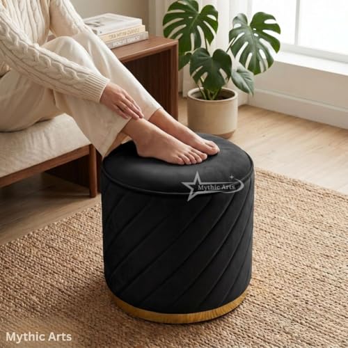 Image of Ottoman Stool, Puffy Stool, Sitting Stool, Modern Upholstered Round Ottoman, Dressing Table for Living-Black