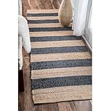 Nuloom Alisia Handmade, Denim/Tan, 2'6' x 6', Striped, Jute & Cotton, Soft and Textured, High Traffic, Stain Resistant, Easy Clean, Durable Runner for Bedroom, Living Room, Dining, Entryway