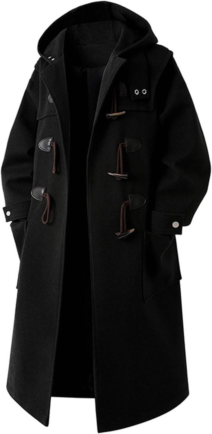 Men Wool Blend Single Breasted Overcoat Walking Toggle Duffle Coat with Hood Winter Classic Long Business peacoat - Image 4