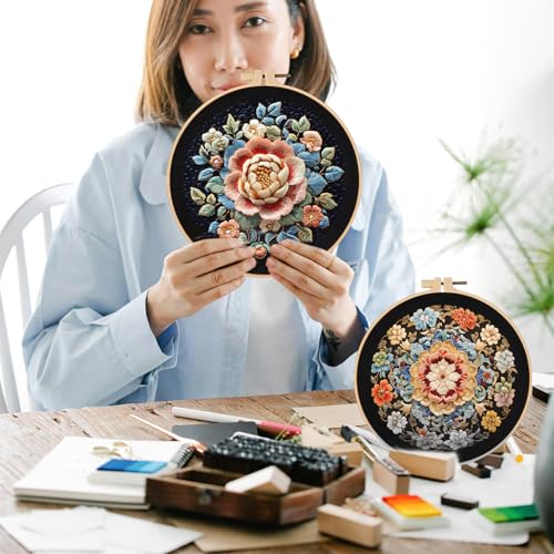 Image of FONNUY Floral Embroidery Kit, Cross Stitch Kits for Beginners, Handmade Crafts with Printed Patterns for Beginner Adults, Easy to Follow Color Thread Needlework, 8'' Hoop (Wildfire of Blossoms)