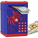 Pupidiu Spider Fingerprint Piggy Bank, ATM Piggy Bank for Kids Boys Girls, Kids Money Saving Box Money Safe (Blue)