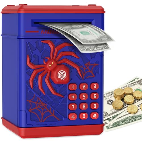 Pupidiu Spider Fingerprint Piggy Bank, ATM Piggy Bank for Kids Boys Girls, Kids Money Saving Box Money Safe (Blue) by Pupidiu - Used condition - US$19.85