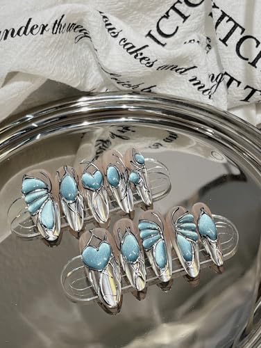 Ongles à presser Morpho courts pour masquer les ongles cassés motif papillon bleu argenté