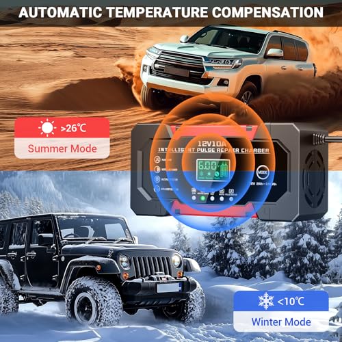 Battery Charger 10A 12V Fully Automatic Smart Car Battery Charger with LCD Display & Temperature Compensation for Car Motorcycle Vans