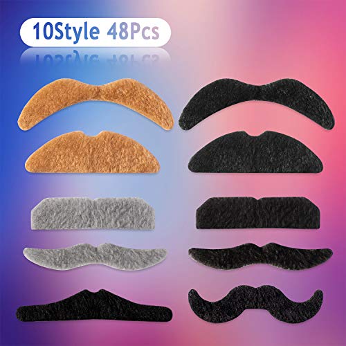 Image of Whaline 48Pcs Fake Mustaches Self-Adhesive Novelty Mustaches Set Costume Facial Hair for Halloween Masquerade Party Decor