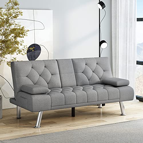 Hifit Futon Sofa Bed, Upholstered Convertible Folding Sleeper Sofa Bed With Removable Armrests, Modern Futon Couch For Living Room, Bedroom, 2 Cupholders, Metal Legs, Grey #TOP1