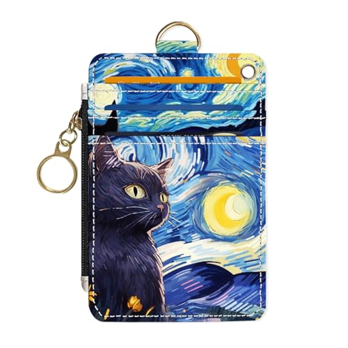 Image of Slim Wallet Credit Card Holder,The Cat and the Moon, RFID Wallet Women Cute Small Front Pocket Wallet With Zipper, PU Leather Thin travel RFID Blocking Card Case ID Window,Ladies Gifts