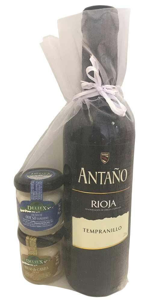 Regalo de vino tinto Antaño Rioja acompañado de dos tarritos de cremas de queso diferentes (Pack 24 ud)