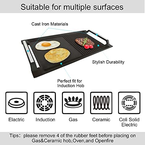 Griddle Pan, Cast Iron Grill Pan, Rectangular Grill, 2 Handles,Griddle with Flat and Ridged Surface for Induction Hob Open Fire Oven Electric Cooktop