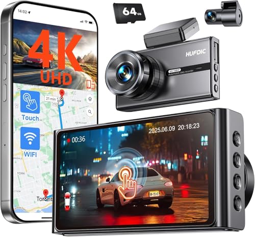 4K Dash Cam 3.6 IPS Touch Screen 1080P Dash Camera for Cars Built-in WiFi G-Sensor Night Vision Loop Recording 7/24H Parking Mode Dash Cam Front and Rear with 64GB Card Included