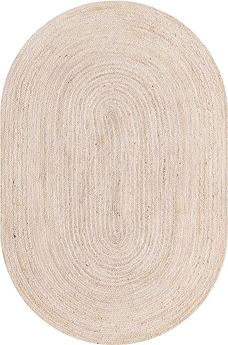 Image of Unique Loom Braided Jute Collection Area Rug - Dhaka (5' 1 inch x 8' Oval, White)