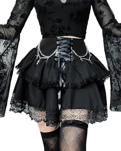 DINGJIUYAN 2 Layered Mini Skirt with Chains Gothic Y2k Ruffle Pleated Skirts Steampunk Lace Hem Front Bandage Short Skirt Black