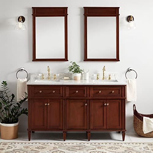 Signature Hardware 464979 Elmdale 60" Free Standing Double Vanity Cabinet Set with Mahogany Cabinet, Vanity Top and Rectangular Undermount Sinks - 8" Faucet Holes - Antique Brown/Carrara Marble