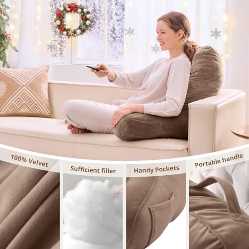Image of Sasttie Reading Pillow for Bed, Back Pillow for Sitting Up, Light Brown | 23 inch Backrest Support Cushion for Couch, Sofa, and Floor, Dorm Essentials, OEKO-TEX, Adjustable Down Alternative Fill