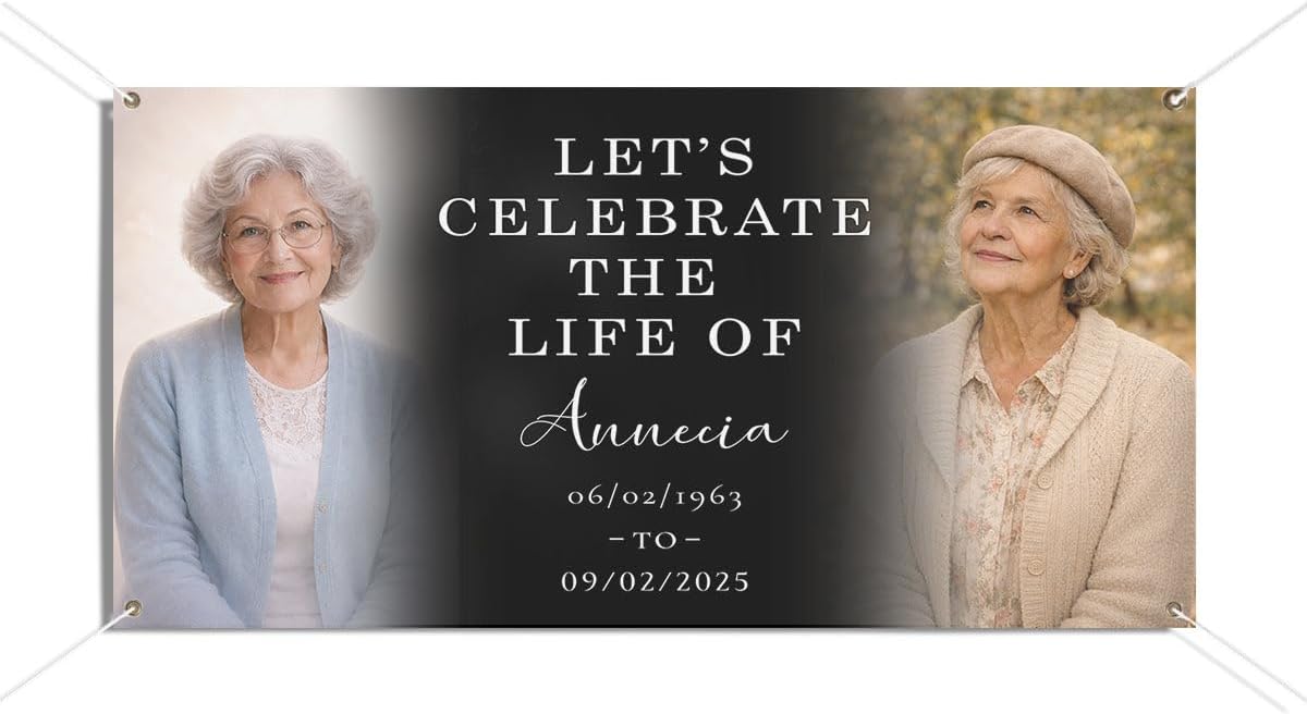 Custom Memorial Sign with Photo Printed on 13oz Heavy Duty Vinyl, In Loving Memory Tribute Design with 4 Corner Grommets, Personalized Funeral Decor for Celebration of Life Display, 24x12 inch #3