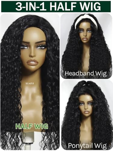 Image of KLAIYI Water Wave 3 In 1 Flip Over 3 /4 Half Wig Human Hair Curly Flip Over Seamless Blend Edges Glueless Wear and Go Drawstring Headband Clip In Wigs for Women Ready to Go Wig Beginner Friendly 16Inch