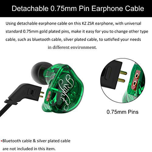 Kz Zsr In-Ear Headphones Earphone Hifi Stereo Deep Bass Earbuds With 0.75Mm 2 Pins Detachable Cable Noise Isolating Headset With Hybrid Driver For Running, Jogging, Walking (Green Without Mic) #TOP3