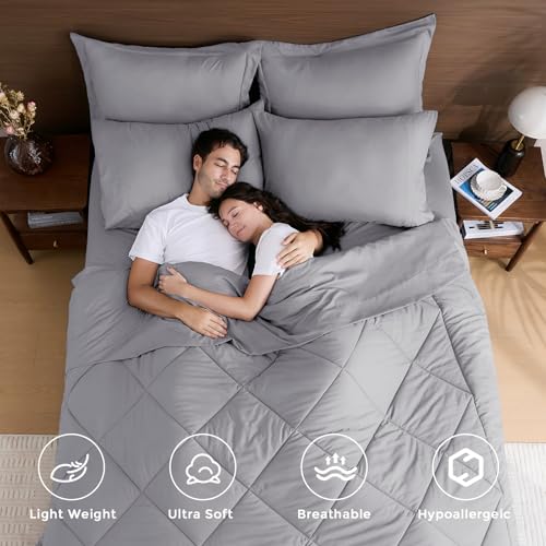 HEVUMYI Light Grey King Comforter Set - 7-Piece All Season Bed in a Bag King, Ultra Soft Bedding Set with Comforter, Flat Sheet, Fitted Sheet, Pillowcases, Pillow Shams, Light Gray