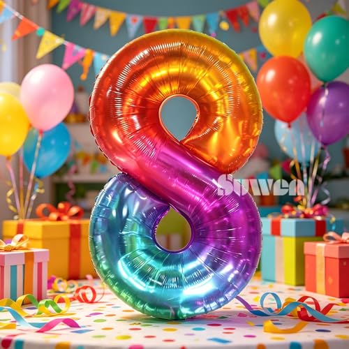 Image of SUWEN Rainbow Number 8 Balloon 40 Inch,Big Colorful Balloons 0-9 | Large Gradient Jelly 8th Helium Foil Mylar Number Multicolor Balloons for Birthday Anniversary Party Decorations