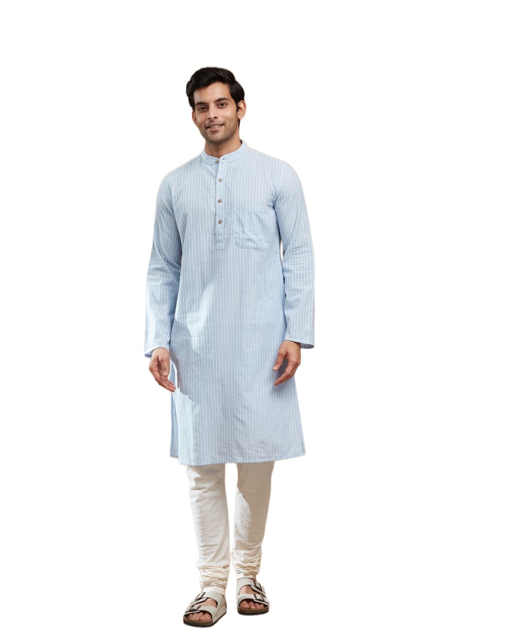 fabindia Men Light Blue Striped Cotton Knee Length Kurta-picture-37