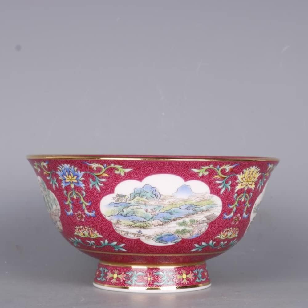 Soup bowl,cereal bowl,ramen bowl,Chinese Ancient Palace Style Porcelain Rice Bowl,Porridge Bowl,Soup Bowl15.5cm 6.1in Carmine Pastel Landscape Pattern Bowl Household Decor