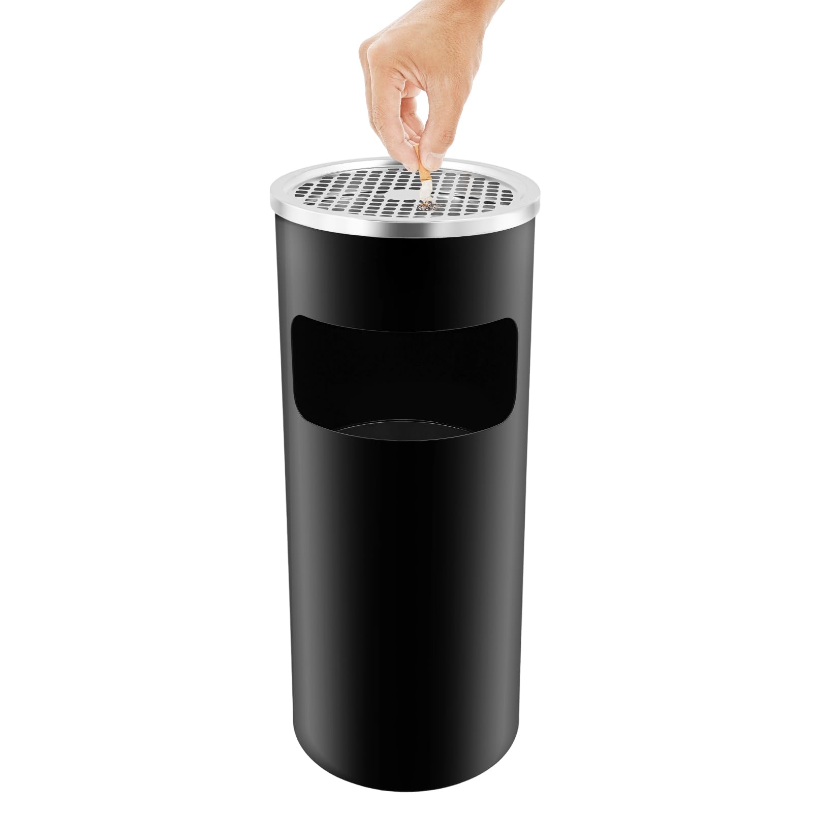 Fyssnn 2-in-1 15L Outdoor Ashtray & Rubbish Bin with Lid, Stainless Steel Free Standing Cigarette Bin Dustbin for Garden, Patio, Pub, Office, Commercial Use (Black)