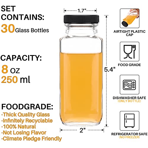 Miukaa 30-Pack 8 Oz Clear Glass Bottles With Airtight Caps, Reusable 8 Oz Juicing Bottles With Black Lids, Drink Water Container Jars, Dishwash Safe #TOP1