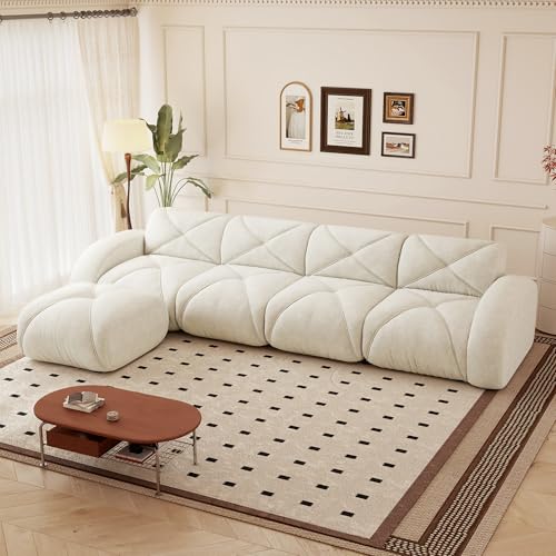 Sofá esquinero modulable, 258 cm grande sofá comprimido convertible de 5 plazas, sofá en L de chenilla con puf y reposabrazos curvos para salón o cine en casa, no requiere montaje, blanco
