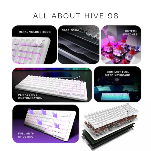 Image of Kreo Hive Full-Size Gaming Keyboard with 98-Key Design, Outemu Switches, Metal Volume Knob Customizable RGB, Case Foam, RGB, Brown Switch, 3 Colour keycap, White-Purple (White, Red Switch)