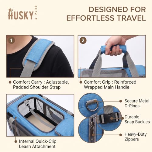 Image of Husky & Purr Pet Carrier for Cats & Small Dogs | Airline Approved Soft-Sided Cat Bag Carrier | Cat Carrier & Dog Carrying Bag with Privacy Curtain, Safety Leash & Storage Pocket | Up to 9kgs