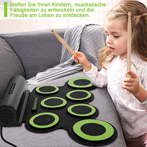 YISSVIC Elektronische Trommel 7 Pad E-Drum mit Lautsprecher Faltbar Schlagzeug für Kinder Weihnachtsgeschenk Grün - Image 3
