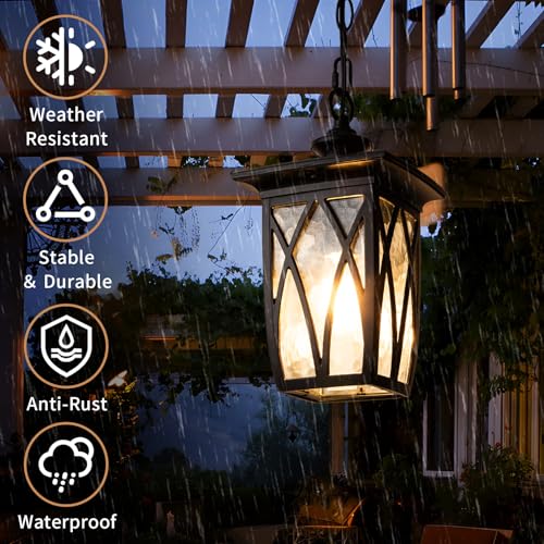 Image of 12'' Outdoor Pendant Light Fixture, Exterior Hanging Lantern, Modern Black Metal Outside Chandelier Light Fixture Ceiling Mount with Water Ripple Glass & Adjustable Chain for Porch, Gazebo, Front Door