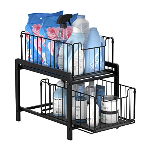 NPPLUS 2-Tier Under Sink Organzier: Iron Under Sink Cabinet Organizers With Sliding Drawer - Pull Out Home Storage For Bathroom Kitchen Desktop (Black) - Image 3