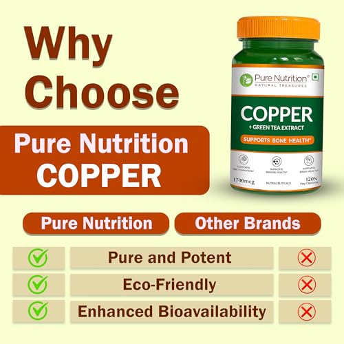 Image of Pure Nutrition Copper Supplements | Copper Tablets Capsules for Men & Women 1700mcg with Green Tea Extract | Support Connective Tissues, Brain Health, Boost Immunity - 120 Veg Capsules