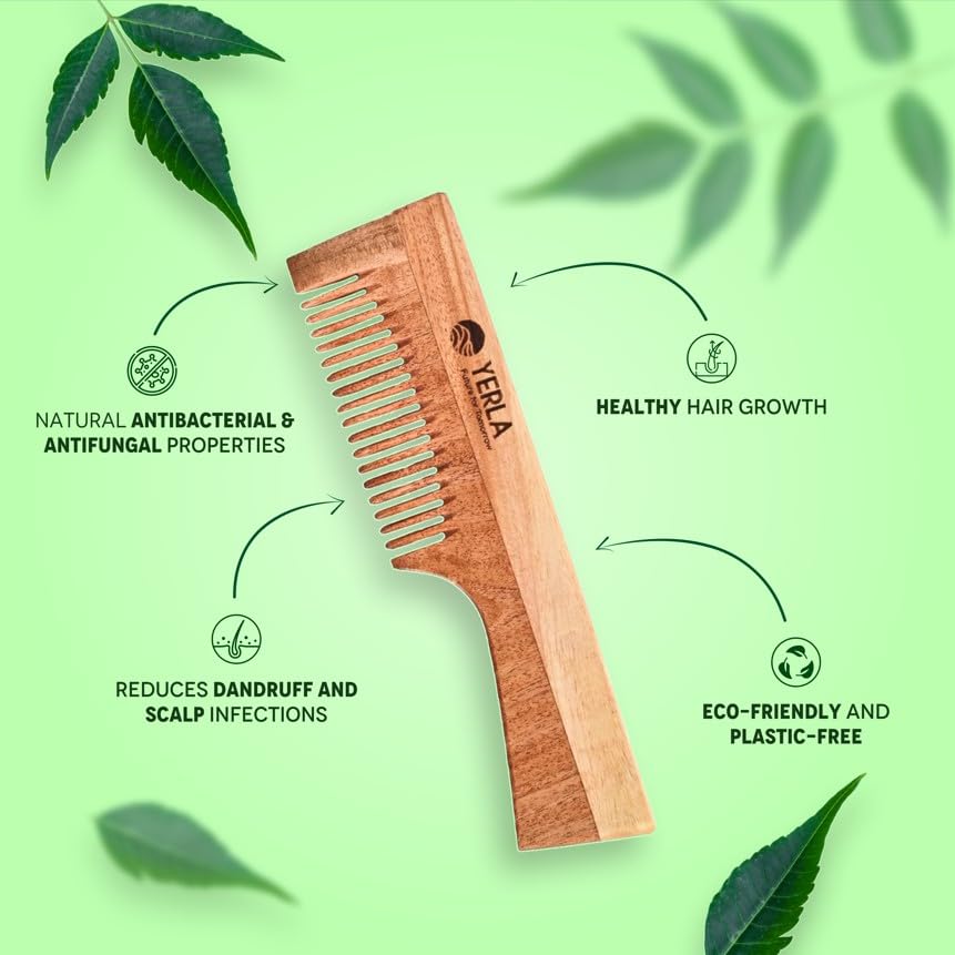 Image of YERLA Handmade Kacchi Neem Wooden Comb Set for Women & Men | Herbal Hair Growth Comb Infused with 17 Herbs & 4 Natural Oils | Anti-Dandruff, Frizz Control & Shine | Multi-Size Wooden Comb Combo (Pack of 3)