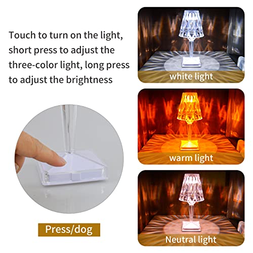 Akt Lighting Crystal Table Lamp, Romantic Led Crystal Night Light, 3 Color Changing Usb Diamond Nightstand Lamp With Touch Control For Living Room Bedroom, Party Dinner Decorative Acrylic Rays Light #TOP4